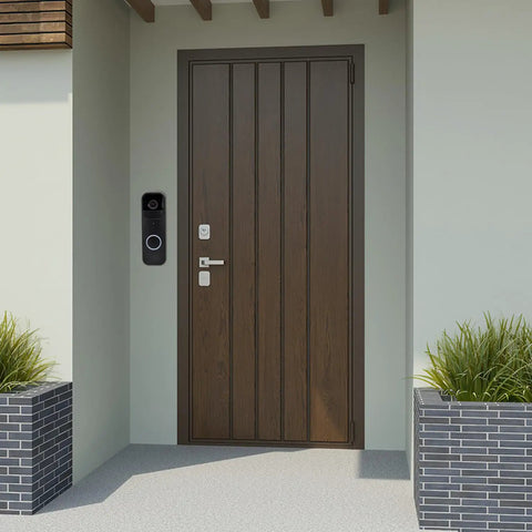 Built Tough Backplate Replacement For Leading Smart Doorbell Systems, wall-mounted Blink doorbell on exterior wall.