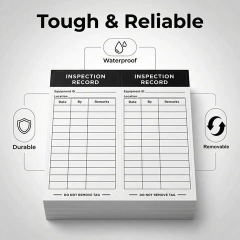 500 Count Black 6x3 Inch Self Adhesive Inspection Stickers For Equipment Maintenance And Warehouse Safety on a stack