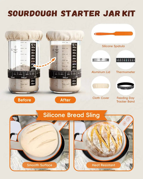 Complete Sourdough Starter Kit For Beginners And Bakers With Starter Jar, Silicone Sling, and Accessories Display