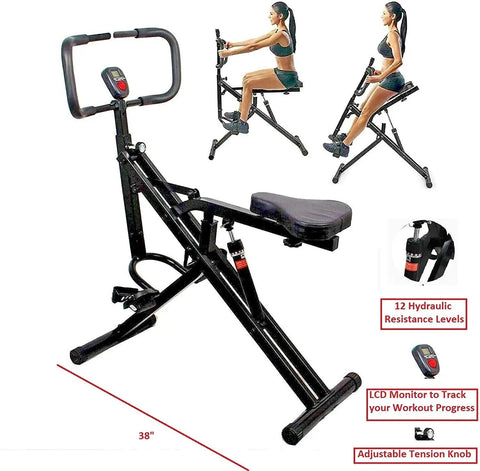 Power Rider Ab Core Squat Glute Workout Machine With Monitor Twelve Level Hydraulic Resistance For Full Body Cardio And Strength Training At Home Gym Today, showing full equipment and monitor