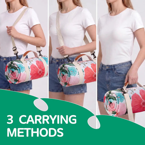 Woman showing three ways to carry Waterproof Extra Large Picnic Blanket For Outdoor Activities Great For Beach And Camping Mat