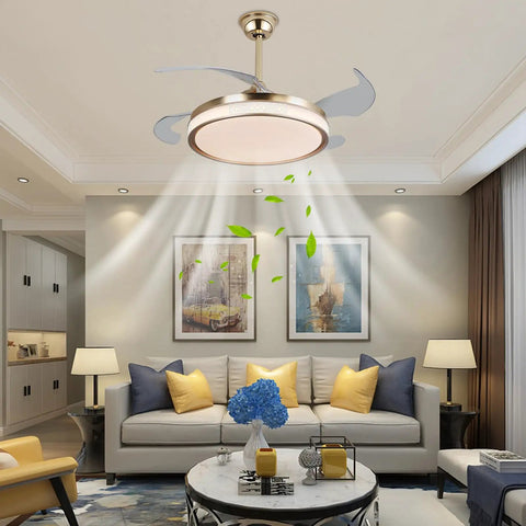 Ceiling Fan Light with Dimmable for Bedroom Living Room Kitchen Modern Gold in a stylish living room setting.