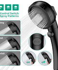 Close-up of High Pressure RV Shower Head With Handheld And On Off Stop Button Water Saving 3 Modes Detachable Hose in black