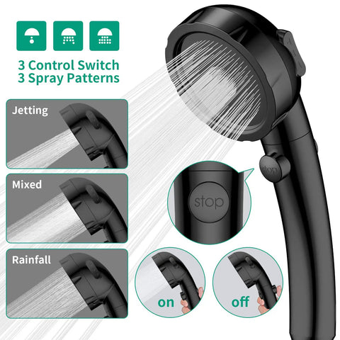 Close-up of High Pressure RV Shower Head With Handheld And On Off Stop Button Water Saving 3 Modes Detachable Hose in black