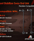 Front Sway Bar Links 2 Pack For 2007-2017 Chevy Traverse And GMC Acadia, Tough As Nails Suspension Stabilizers To Stop Clunking, Leans, And Uneven Tire Wear, Restore Smooth Turn Handling And Ride Comfort. Two black metal front sway bar links shown upright.