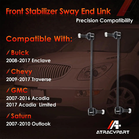 Front Sway Bar Links 2 Pack For 2007-2017 Chevy Traverse And GMC Acadia, Tough As Nails Suspension Stabilizers To Stop Clunking, Leans, And Uneven Tire Wear, Restore Smooth Turn Handling And Ride Comfort. Two black metal front sway bar links shown upright.