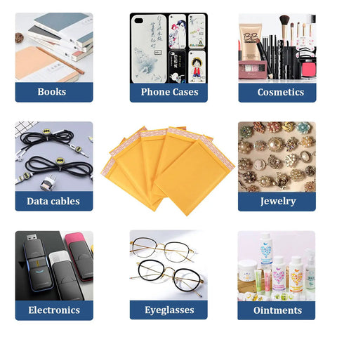 Yellow Bubble Mailers 6x9 Inch 100 Pack Padded Self Sealing Envelopes with various potential contents like books, cosmetics, and electronics