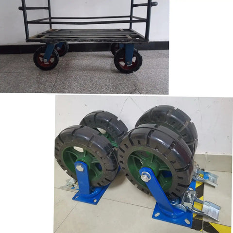 Flat Caster Rubber Swivel Wheel With Brake for Industrial Carts, shown attached to blue bracket