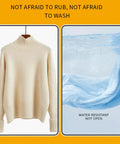 Beige turtleneck sweater and waterproof fabric in water resistant test side by side