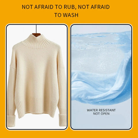 Cream sweater with text showing water resistance, highlighting durable fabric not affected by rubbing or washing.