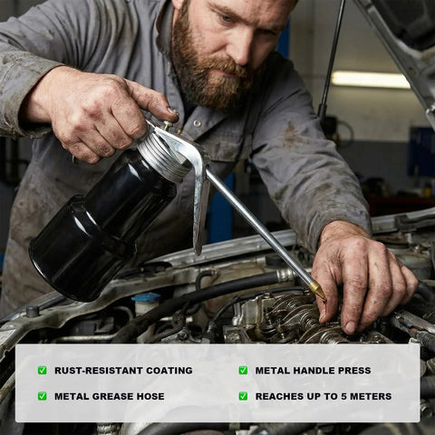 Mechanic using 8 Oz Capacity Handy Auto Lubrication Pump Oiler Can With Handle And Straight Spout High Pressure Quick Dispense