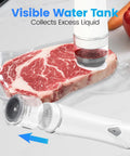 Visible Tank Handheld Food Vacuum Sealer With One Touch Strong Suction sealing steak in reusable bag on countertop