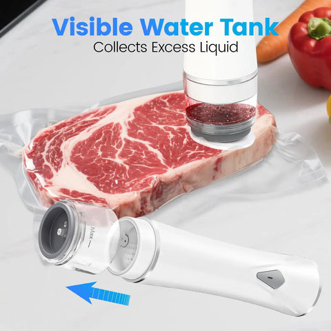Visible Tank Handheld Food Vacuum Sealer With One Touch Strong Suction sealing steak in reusable bag on countertop