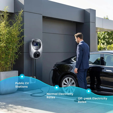 Level 2 EV Charger With 48 Amp 240V NEMA 14-50 Plug Charges Your Daily Driver Dead Fast, sleek unit mounted on wall beside a Tesla.