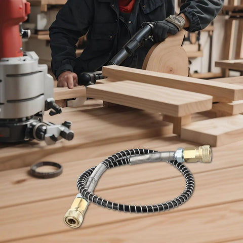 Bad Ass High Pressure Stainless Steel Air Hose Line M10x1 Male To Male With Awesome Coiled Spring Design For Tough Jobs Like Tank Inflation Rated Crazy Good At 4500 Psi Reliable Leak Proof Performance For Any Job Site, coiled hose on woodworking bench
