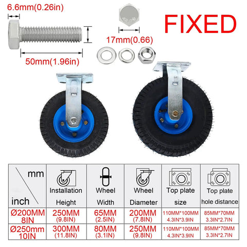 Beefy Heavy Duty Caster Wheels For Carts, Workbenches And Trolleys with blue rubber tread, fixed plate, hardware included