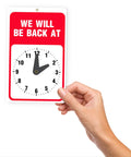 Hand holding 'Be Right Back Sign With Clock For Office And Storefront Doors Red And White With Suction Cup Be Back Soon Signage'