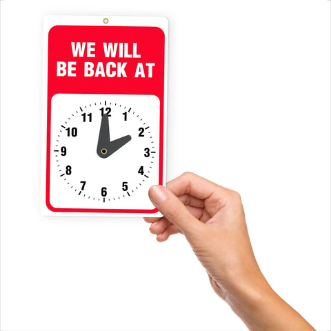 Hand holding 'Be Right Back Sign With Clock For Office And Storefront Doors Red And White With Suction Cup Be Back Soon Signage'