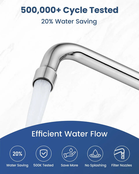 Rock Solid Wall Mount Kitchen Faucet With Swivel Spout And Dual Handles crafted from premium lead free solid brass, water flow detail.