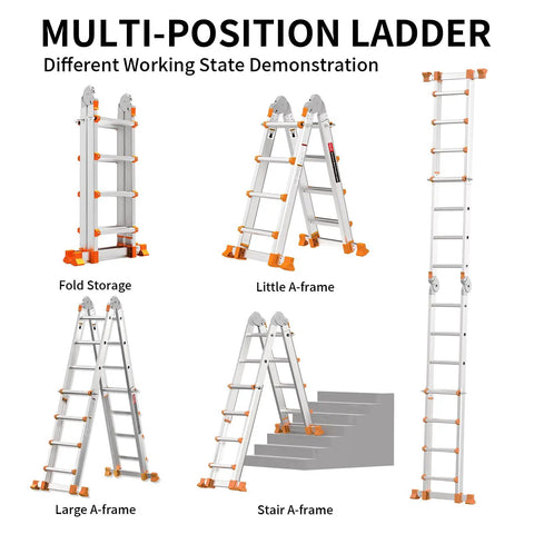 14Ft Multi Position Ladder With 4 Steps A Frame Folding Design Anti Slip Workhorse Aluminum Telescopic Ladder With Removable Tool Tray 330 Lb Load Capacity Ideal For Indoor Outdoor Stairs Roof Garage shown in fold storage and A-frame modes