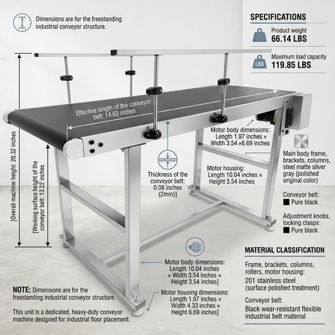 Industrial Stainless Steel Conveyor System With 59 Inch Motorized PVC Belt Adjustable Double Guardrails Dual Direction Operation
