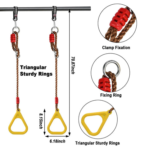 Triangular sturdy rings with clamp fixation, fixing ring, and dimensions for Kids Outdoor Swing Set With Disc Swing, Adjustable Rope Swing