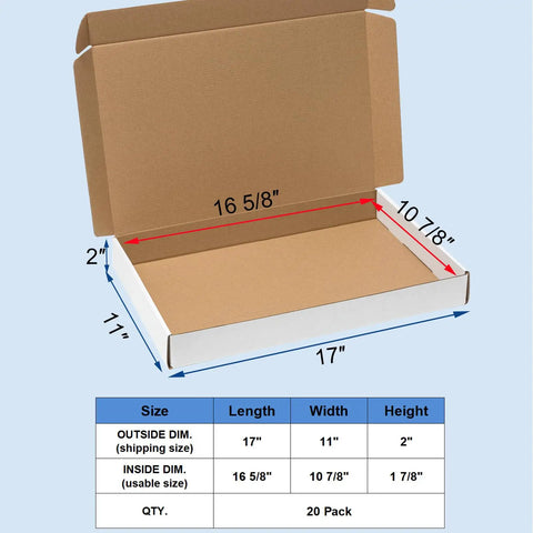 Open white corrugated shipping box 17x11x2 inches 20 pack for small biz lightweight yet heavy duty three layer mailers with dimensions.
