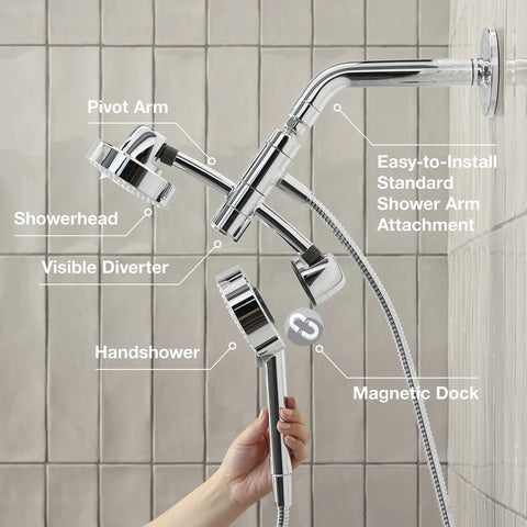 Awaken Two In One Multifunction Shower Kit With Rotating Rail Adjustable Showerhead And Handshower 1.75 GPM Polished Chrome, features labeled