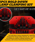 Heavy Duty 58-Piece T-Slot Clamp Kit With 1/2 And 3-8 Studs displayed on a red holder, showing various sizes for CNC machining tables.