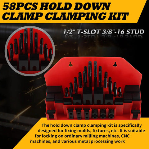 Heavy Duty 58-Piece T-Slot Clamp Kit With 1/2 And 3-8 Studs displayed on a red holder, showing various sizes for CNC machining tables.