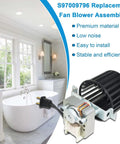 Upgraded Replacement Fan Blower Assembly For Bathroom Bulb Heaters, metal and plastic, shown with bathroom interior, part number 97009796.