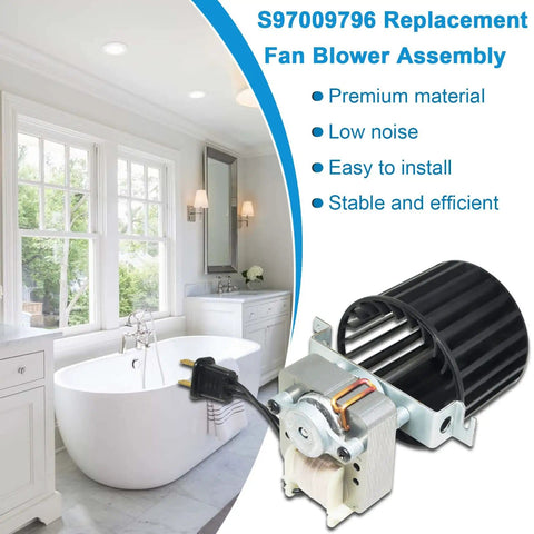 Upgraded Replacement Fan Blower Assembly For Bathroom Bulb Heaters, metal and plastic, shown with bathroom interior, part number 97009796.