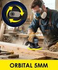Person using Random Orbital Sander With 360W Brushless Motor 150mm Backing Plate on wood in workshop.