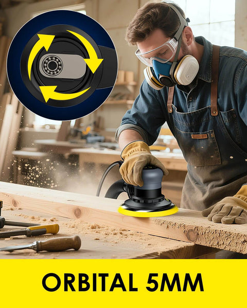 Person using Random Orbital Sander With 360W Brushless Motor 150mm Backing Plate on wood in workshop.
