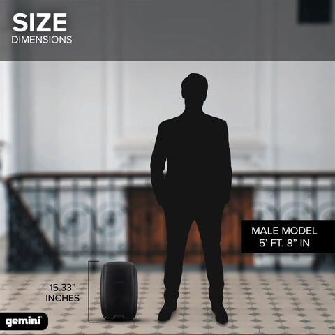 Silhouette of a male model standing beside an 8 Inch Powered PA Speaker With 300 Watts, highlighting size comparison on tiled floor.