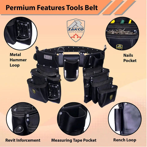 Pro Style Leather Tool Rig For Framers And Handymen With 2 Pouches And Hammer Holder Heavy Duty Multi Pocket Construction Belt shown with features