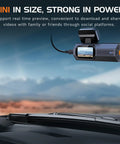 Mini 2.5K Front Dash Cam With 1.47 Inch Display, WiFi App Control mounted on a car dashboard showing real-time video