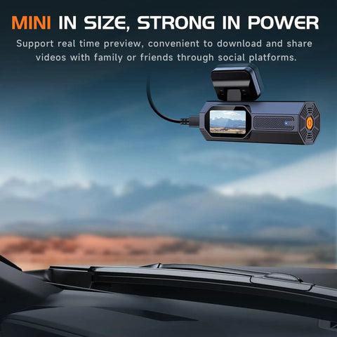 Mini 2.5K Front Dash Cam With 1.47 Inch Display, WiFi App Control mounted on a car dashboard showing real-time video