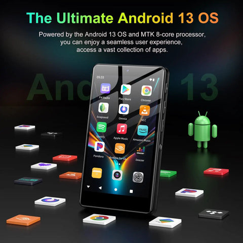 32GB MP3 Player With Bluetooth And Camera Android 13 Music And Video Player With 4 Inch Touchscreen built-in speaker displaying apps