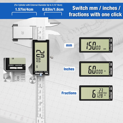 Ultra Precise 6 Inch Digital Caliper With Large LCD Display, Stainless Steel Body, Pro Grade Accuracy To Plus Or Minus 0.001 Inch And 0.02 Millimeter, Ideal For Woodworking, Jewelry Making, And DIY Projects showing measurements in mm, inches, and fractions
