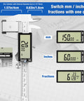 8 Inch Digital Caliper With Large LCD Screen And Inch, Millimeter, And Fraction Conversion, measuring examples shown