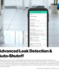 FlowSmart All-In-One Smart Water Meter app interface on smartphone for auto shutoff, leak detection, NSF certified, LoRa long-range
