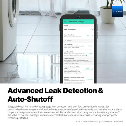FlowSmart All-In-One Smart Water Meter app interface on smartphone for auto shutoff, leak detection, NSF certified, LoRa long-range