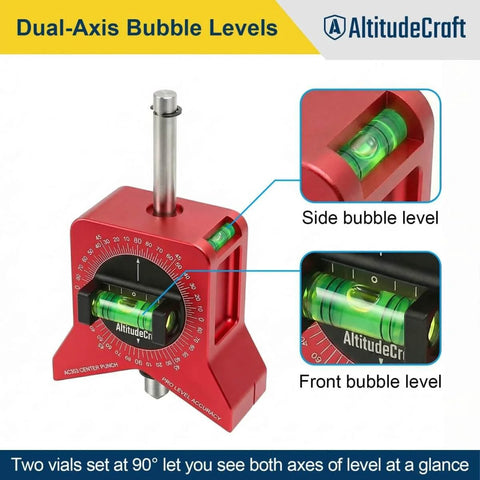 Magnetic Pipe Center Finder Punch Tool with dual-axis bubble levels, hands-free magnetic hold, and 360-degree dial for precise marking.