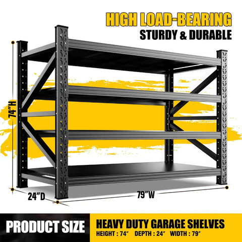 Heavy Duty Garage Shelving 4 Tier Steel Shelves With 6000 Lbs Capacity Adjustable Metal Storage Unit For Garage Basement Workshop 79 Inch Wide By 24 Inch Deep By 73 Inch High Black, 4-tier steel rack