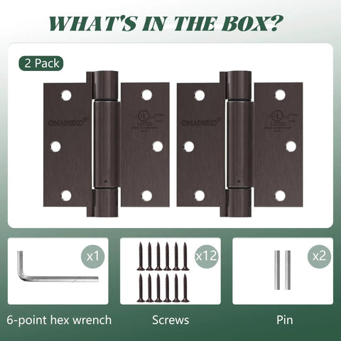 Image showing Two Pack Self Closing Door Hinges 3.5 Inch Oil Rubbed Bronze Spring Loaded Auto Close Hinges with included screws and hex wrench