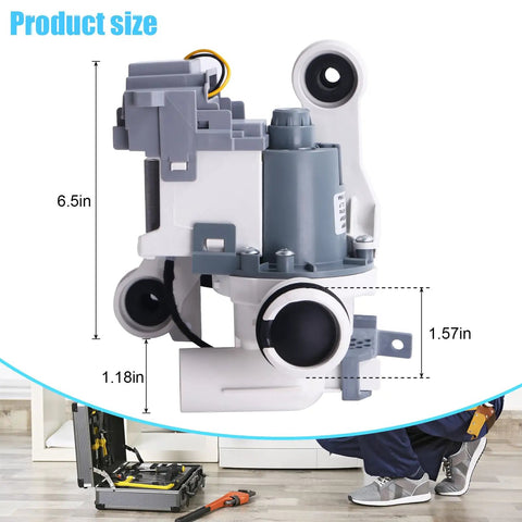 Premium Washer Drain Pump Assembly Plug And Play Replacement Motor Direct Bolt Install Guaranteed To Clear Standing Water Fast Smooth Operation side view with dimensions