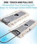Real Deal Industrial Cotton Dust Mop With Adjustable Steel Handle For Hardwood Tile Laminate Vinyl Epoxy Floors Hella Absorbent Push Broom showing easy-to-change cotton refill pads.