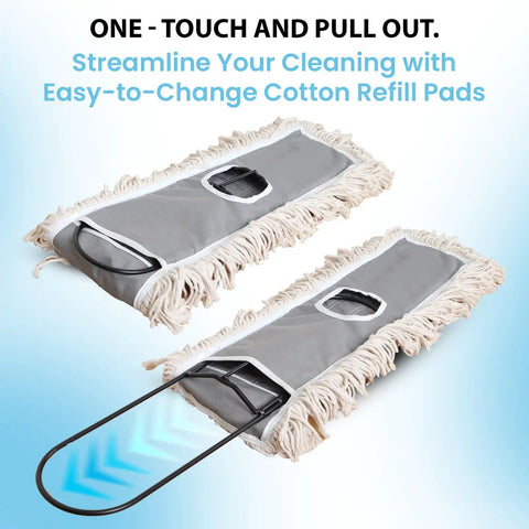 Real Deal Industrial Cotton Dust Mop With Adjustable Steel Handle For Hardwood Tile Laminate Vinyl Epoxy Floors Hella Absorbent Push Broom showing easy-to-change cotton refill pads.