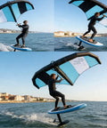 Man using Inflatable Wing Foil Surfboard Kit With Pump Portable Hydrofoil Board For Surfing Lightweight And Easy To Pack Without Foil Grab And Go Water Sports Kit For Outdoor Wave Riders on water.